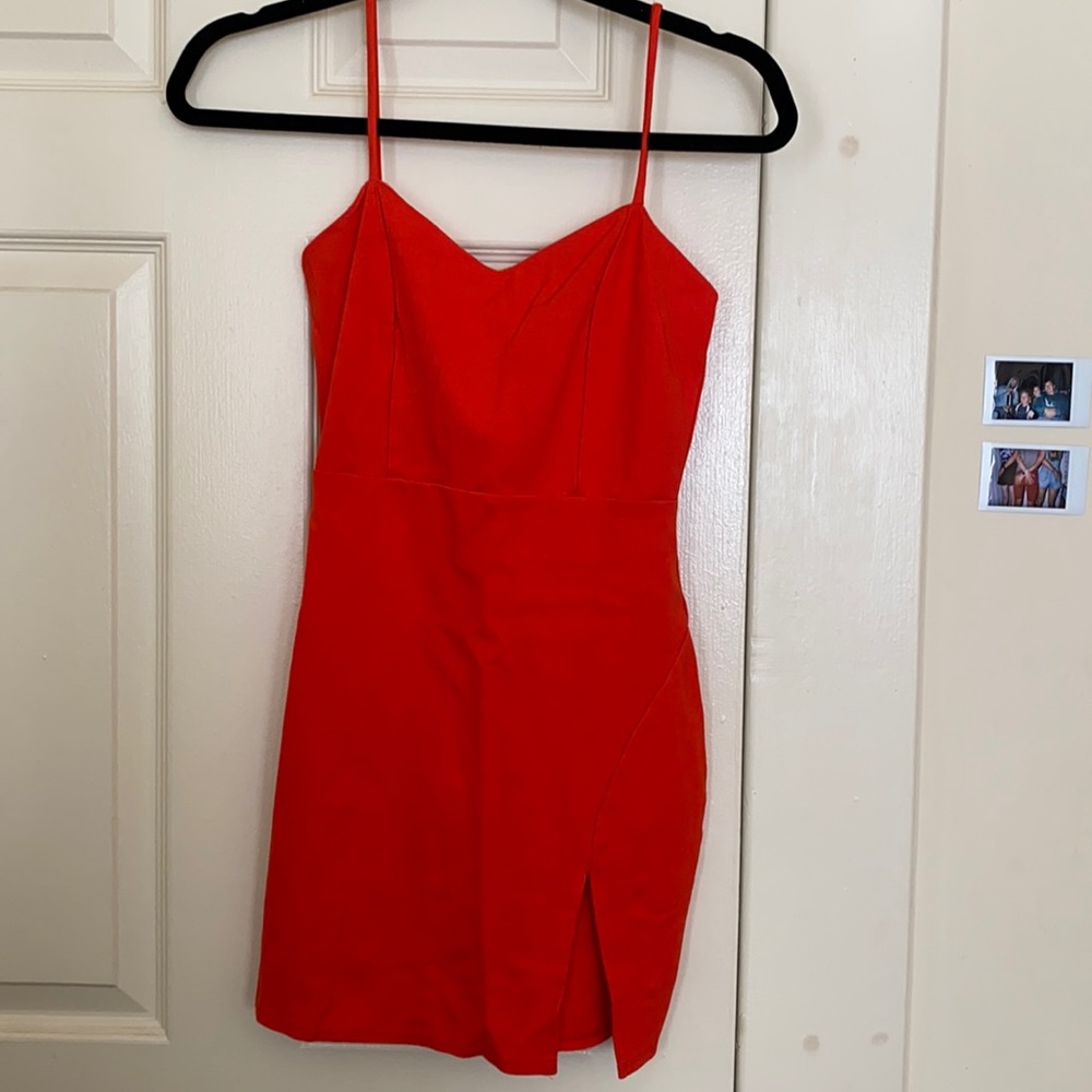 red-ish orange dress with slit